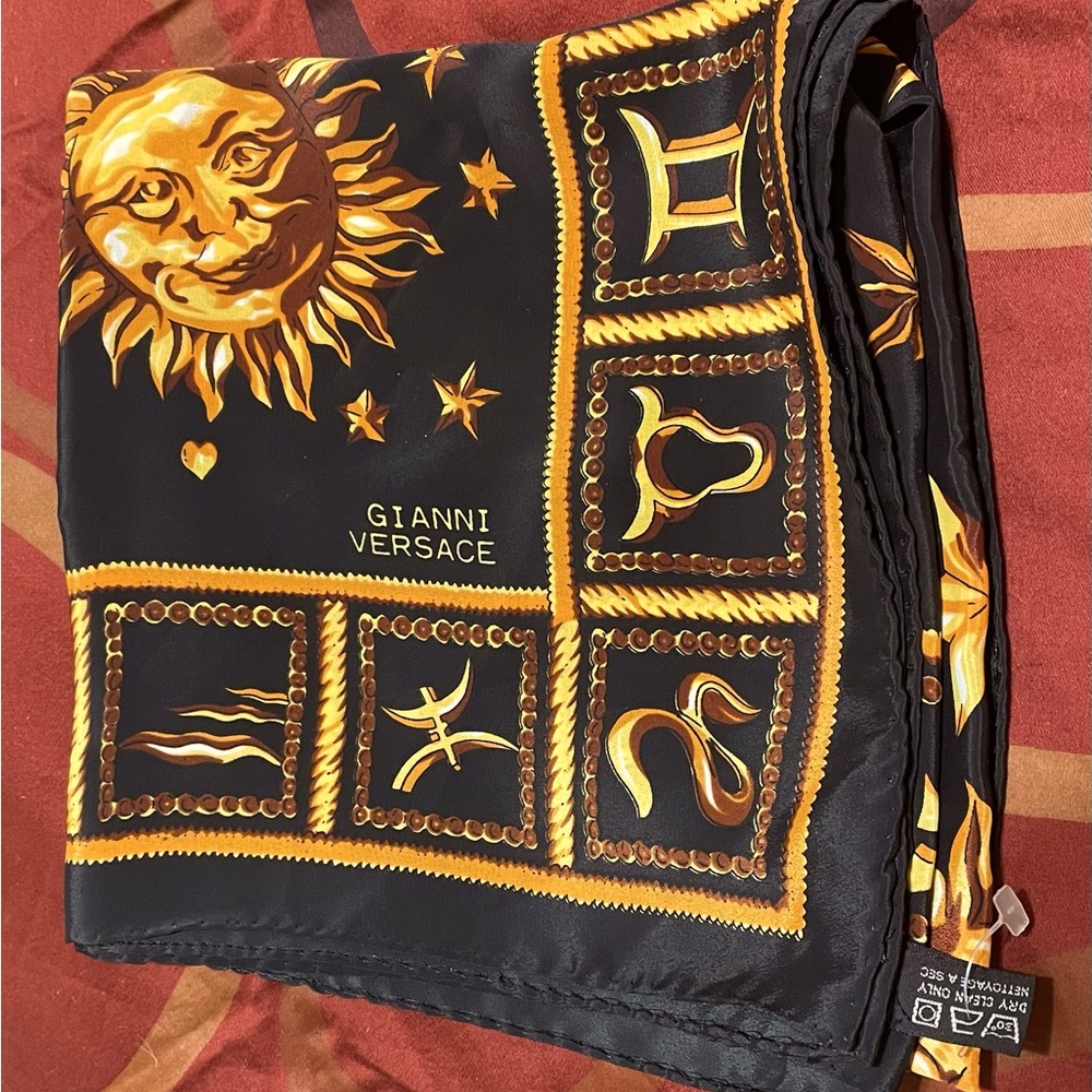 Beautiful 100%Silk Gianni Versace astrology scarf vibrant orange, blk & Gold